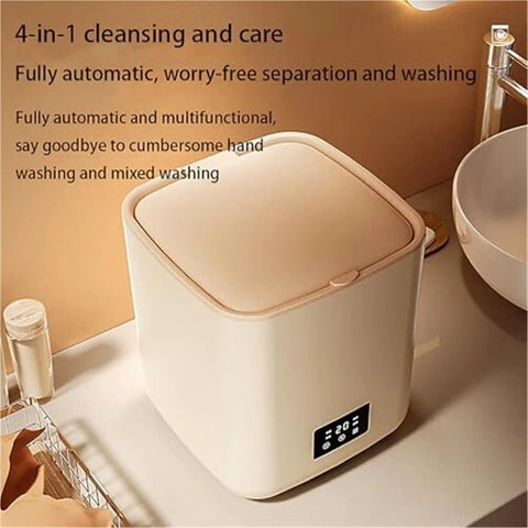 Hassle Free 7L Portable Washer Dryer, Compact Tabletop Mini Spin Cycle Laundry Game Changer For Delicates, Baby Clothes, And Quick Loads With One Touch Auto Settings And Whisper Quiet Flow on a countertop.