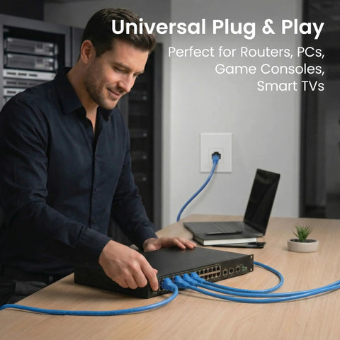 Man connecting Cat6 Ethernet Patch Cables 10 Ft Blue 10 Pack for Dope Home Office Networking to a router on a table