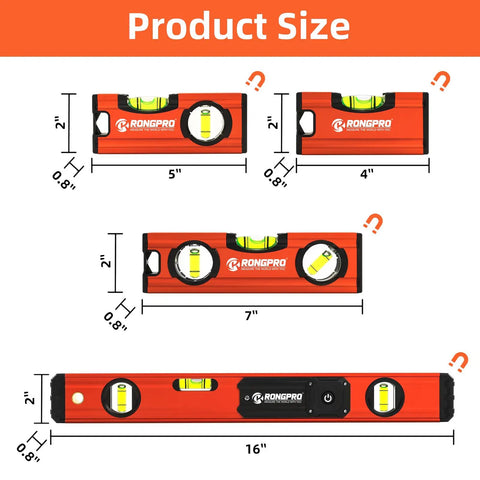 Hella Accurate Four Piece Torpedo Level Set With Built In Light And Heavy Duty Magnet Includes 16 7 5 4 Inch Aluminum Spirit Levels For Nailing Every Cut On Your Next Big Reno Job