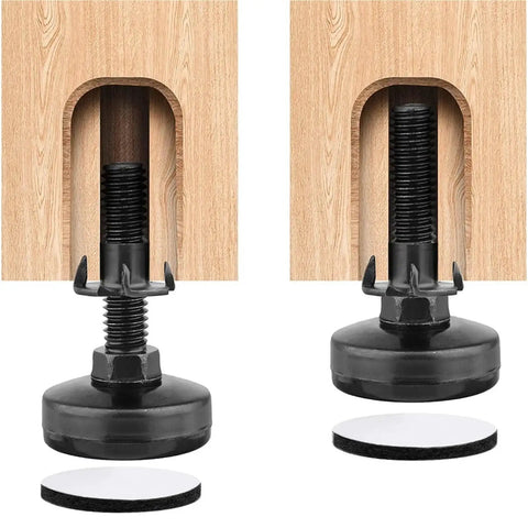 Heavy Duty Furniture Levelers 10 Piece Set Adjustable Leg Levelers with metal frame installed on wood surface