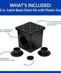 Square Catch Basin Drain Kit 12-Inch For Lawns And Landscaping With Two-Opening Catch Basin Drain Stormwater Solution Easy Install Includes Two Adapters One Outlet Plug And Plastic Drain Grate Black shown with labeled parts against blue background.
