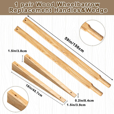 59 Inch Wood Wheelbarrow Handles Kit With Two Wedges, pre-drilled holes, seal coat finish, displayed with measurements.