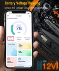 OBD2 Bluetooth Diagnostic Scanner for iPhone and Android displaying real-time battery voltage on phone with car engine view