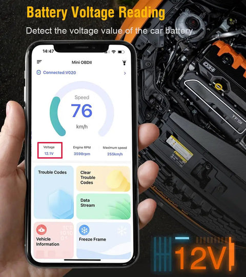 OBD2 Bluetooth Diagnostic Scanner for iPhone and Android displaying real-time battery voltage on phone with car engine view