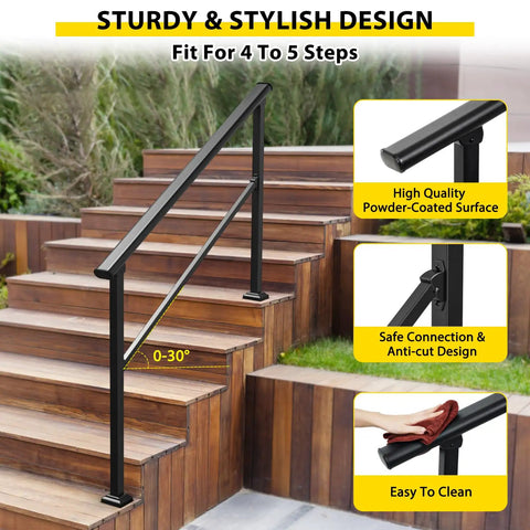 Zero Sweat Setup Adjustable Outdoor Step Railings For Porch And Stairs Adjusts From Zero To Thirty Degree Angles on wooden steps.