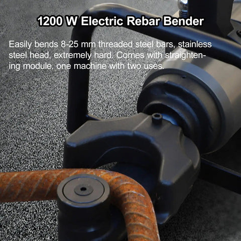 Close-up of Heavy Duty Electric Hydraulic Rebar Bender And Straightener For 8-25mm Steel Rods bending a threaded steel bar.