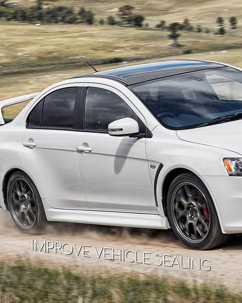 White Mitsubishi Lancer featuring Weatherstrip Window Molding Trim Seal Belt 4 Piece Replacement Set for 2008-2017 model.