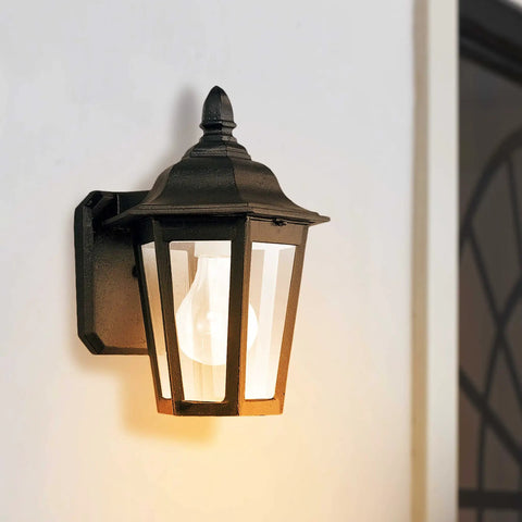 Classic black outdoor wall lantern with clear glass panels, ideal for wet locations, 10.25-inch high aluminum design.