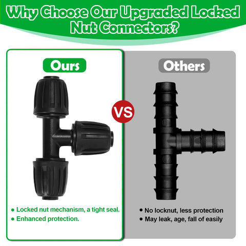 Rock Solid 10 Pack Half Inch Drip Irrigation Tee Fittings With Barbed Lock Nut T Connectors, comparing durable design features.