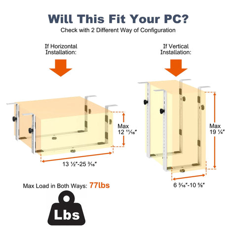 Transform Your Battle Station With This Rock Solid Under Desk PC Mount Bracket showing horizontal and vertical installation options.