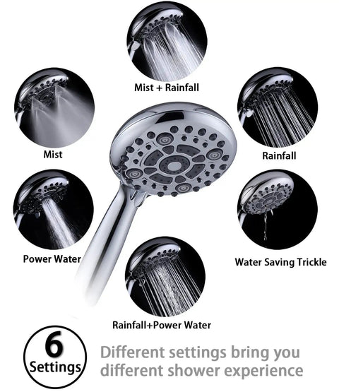 Handheld Shower Head With High Pressure And 6 Spray Settings Detachable Design 4.9 Inch Face showing different spray options