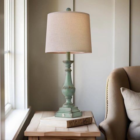 Three Way Dimmable Touch Table Lamps Set Of Two With USB Ports For Quick Phone Charging Ideal For Bedroom Nightstand Or Living Room Rustic Green Finish And Modern Look on wooden table