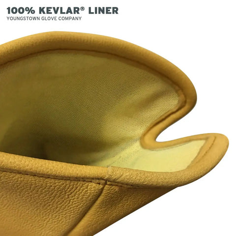 Interior view of the Grippy Leather Utility Work Gloves With Long Cuff For Men Kevlar Lined For Superior Cut and Puncture Resistance
