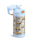 Dope Kids Stainless Steel Water Bottle With Straw 12 Oz Vacuum Insulated Reusable Construction Graphic showing trucks and construction vehicles.