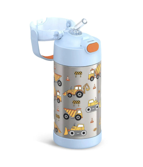 Dope Kids Stainless Steel Water Bottle With Straw 12 Oz Vacuum Insulated Reusable Construction Graphic showing trucks and construction vehicles.