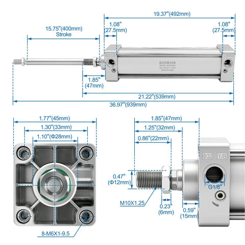 Beefy 1.25 Inch Bore Pneumatic Air Cylinder With 15.74 Inch Stroke Double Acting Single Rod M10x1.25 Threaded Rod PT One Eighth Port