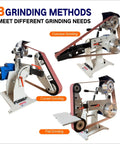 Built Like A Tank 2x72 Inch Belt Grinder Sander With Smooth 1500W Motor showcasing three grinding methods: concave, curved, and flat.