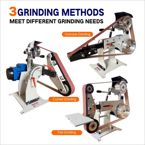 Built Like A Tank 2x72 Inch Belt Grinder Sander With Smooth 1500W Motor showcasing three grinding methods: concave, curved, and flat.