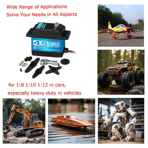Beefy 45Kg High Torque RC Servo With 8.4V Coreless Motor for cars, crawlers, robots, and DIY projects, shown with various applications.