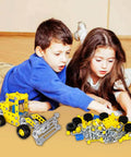 Two children playing with 7 In 1 STEM Vehicle Kit For Kids Ages 8 9 10 11 12 Plus 180 Piece Construction Set For Building Forklift Dump Truck Crane Bulldozer And More Hands On Engineering Fun