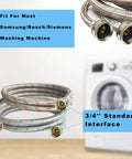 Two Pack 15 Feet Stainless Steel Washing Machine Hoses For Hot And Cold Water Supply Burst Proof And Leak Free Color Coded Red Hot And Blue Cold Three Quarters Inch Standard Interface Heavy Duty Build Fits Most Front And Top Load Washers shown with washer in background