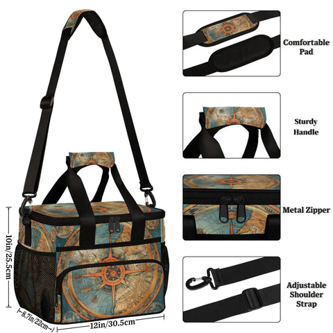 Insulated Picnic Backpack Tote with adjustable strap, 12x8.7x10in size, compass design, perfect for versatile work and play use.