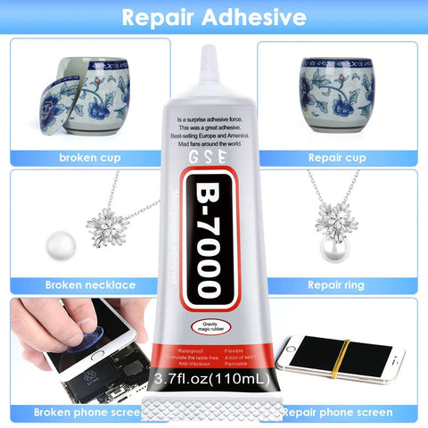 Rhinestones Glue For Crafts 110Ml Clear Adhesive For Diamond Jewelry And Crystal Gems Waterproof Transparent Jewelry Glue For Fabric Phone Repair And Jewelry Making Industrial Strength Craft Bond 3.7 Fl Oz with B-7000 label and repair examples