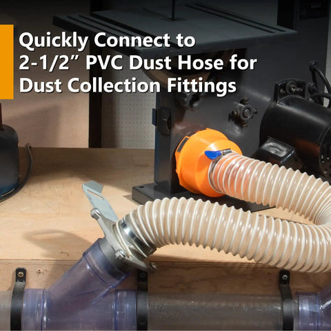 Quick Swap Dust Port Adapter Adapting One Three Quarter To Two One Half Inch Power Tool Ports To Four And Two One Half Inch Dust Collection Hoses for connecting to 2-1/2" PVC dust hose.