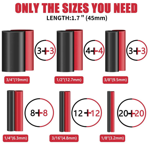 Heat Shrink Tubing Kit With Adhesive Lined Marine Resistant Pro Grade Three To One Shrink Ratio Six Size Set In DIY Ready Storage Case Black And Red 100 Pieces For Home And Industrial Projects size display