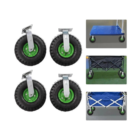 Heavy Duty 10 Inch Pneumatic Caster Set Four Piece Swivel And Rigid Wheels Ball Bearing Axles close-up view and applications for dollies.