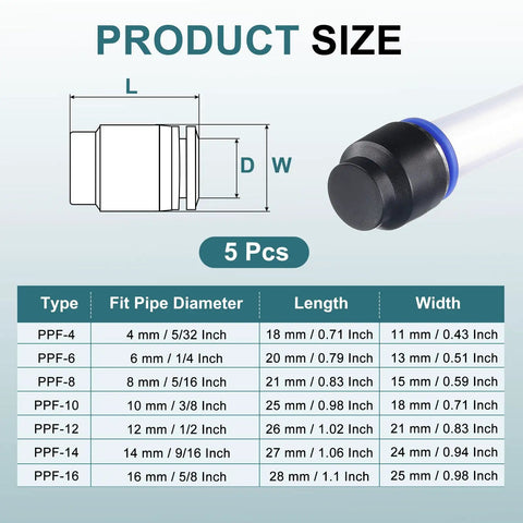 Size chart for Five Pack Of Three Eighths Inch Push To Connect Pneumatic Blanking Plugs Cap Style For 10mm OD Tubing