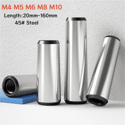 Pro Grade High Strength Quenched Taper Pin With Internal Thread For Quick, Precise Assembly Alignment shown in four steel sizes