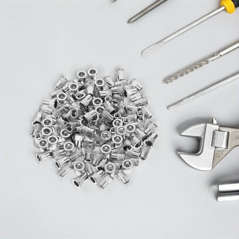 Knurled Flat Head Rivet Nuts Kit Stainless Steel 120 Pieces With Easy Installation And Secure Connection, tools visible