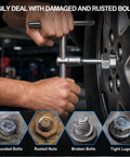 User removing a rusted bolt with the 16 Piece Chrome Moly Steel Bolt Extractor Socket Set To Bust Loose Stubborn Rusted And Stripped Nuts Pro Grade Mechanic Garage Wrench Kit For Quick Fastener Removal.