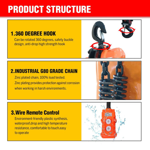 Electric chain hoist 2-in-1, 2200 lb capacity; orange unit with black G80 chain and wireless and wired remotes.