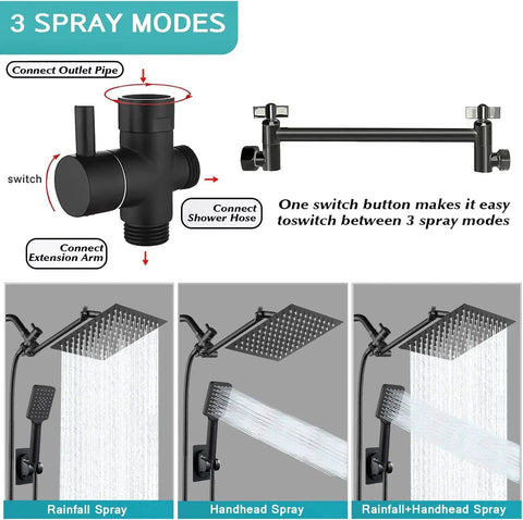 Beast High Pressure Rainfall Shower Head With Handheld Combo showing 3 spray modes and matte black finish.