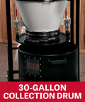 Two Stage Cyclone Dust Collector With 2 Micron Filter and 30-gallon drum in workshop setting