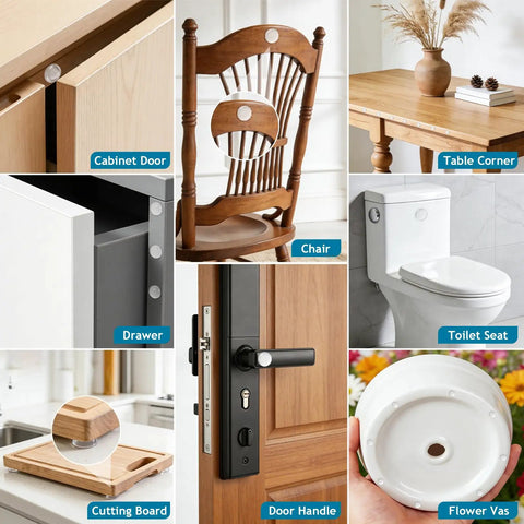 Soft Close Cabinet Bumpers Kit With 148 Pieces In 3 Shapes Invisible Silicone Cushions applied on various furniture surfaces