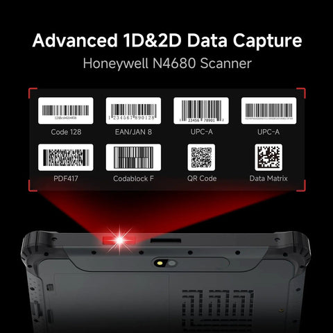 Heavy Duty 8 Inch Windows 11 Pro Rugged Tablet Packed With Honeywell Barcode Scanner showcasing data capture features with barcode types.