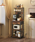 Rustic Brown And Black Bakers Rack With Drawer Microwave Stand Power Outlet And USB Ports Coffee Bar Station in kitchen