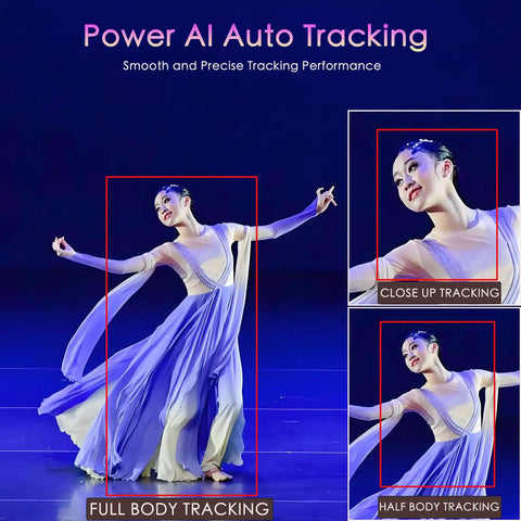 AI Auto Tracking 6 Camera PTZ Live Streaming System With 20x Optical Zoom demonstrated on dancer, NDI HX3 HX2, HDMI, SDI outputs.
