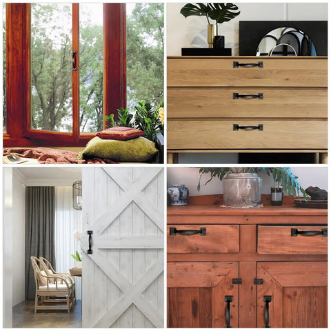 Vintage Black Metal Cabinet Pulls 6 Inch Drawer Knobs for Kitchen Cabinet Doors on various furniture styles.