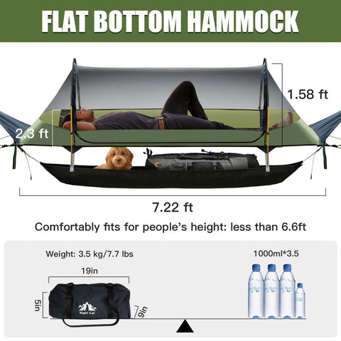 Flat Lay Hammock Tent With Mosquito Net And Waterproof Rainfly For One Person Backpacking Camping Lightweight 330 Lbs Capacity