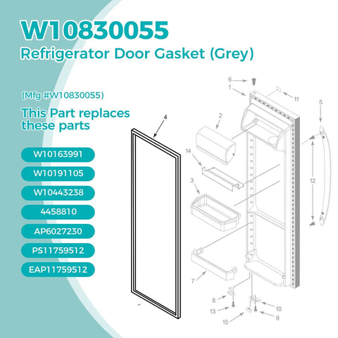 Diagram showing Fridge Door Gasket Replacement Seal For French Door Refrigerators Durable OEM Quality, different parts listed.