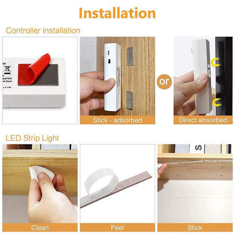 Installation steps for Motion Sensor LED Strip Lights With Rechargeable Battery And USB Removable Control Box Auto On Up To 10 Feet In The Dark Auto Off After 20 Seconds 60 LEDs 6.56 Feet 2 Pack 6000K White Battery Powered Closet Pantry Cabinet Night Light