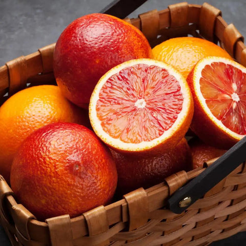 Blood Orange Tree 1-2 Feet Tall in 1 Gallon Pot, Upright Dwarf Citrus for Home Orchard, Produces Sweet Oranges, Easy Care, Rare Fruit, Container Friendly for Patio or Small Garden, basket of blood oranges
