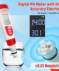 Digital PH meter in water glass with LCD display reading, promoting 4 In 1 Pool Water Tester With PH EC TDS And Temperature LCD Display.