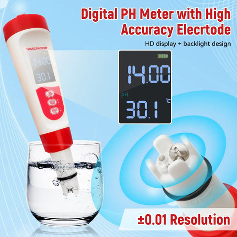 Digital PH meter in water glass with LCD display reading, promoting 4 In 1 Pool Water Tester With PH EC TDS And Temperature LCD Display.