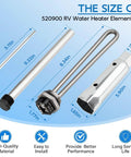 Built Tough Rv Water Heater Repair Kit With Screw In Heating Element Magnesium Anode Rod Sealing Gasket Hex Wrench And Thread Seal Tape No Sweat Seasonal Maintenance Bundle including size chart for components.