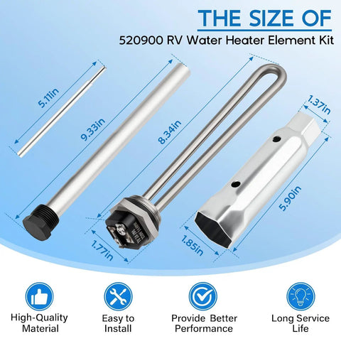 Built Tough Rv Water Heater Repair Kit With Screw In Heating Element Magnesium Anode Rod Sealing Gasket Hex Wrench And Thread Seal Tape No Sweat Seasonal Maintenance Bundle including size chart for components.
